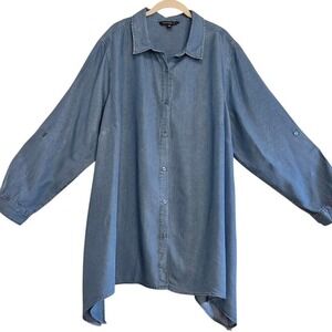 Zac & Rachel blue denim button up shirt, shark bite hem. Size 3XL